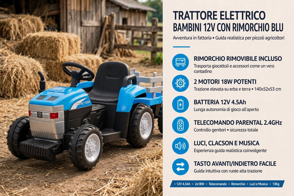 Trattore Elettrico per Bambini 12V con Rimorchio Blu