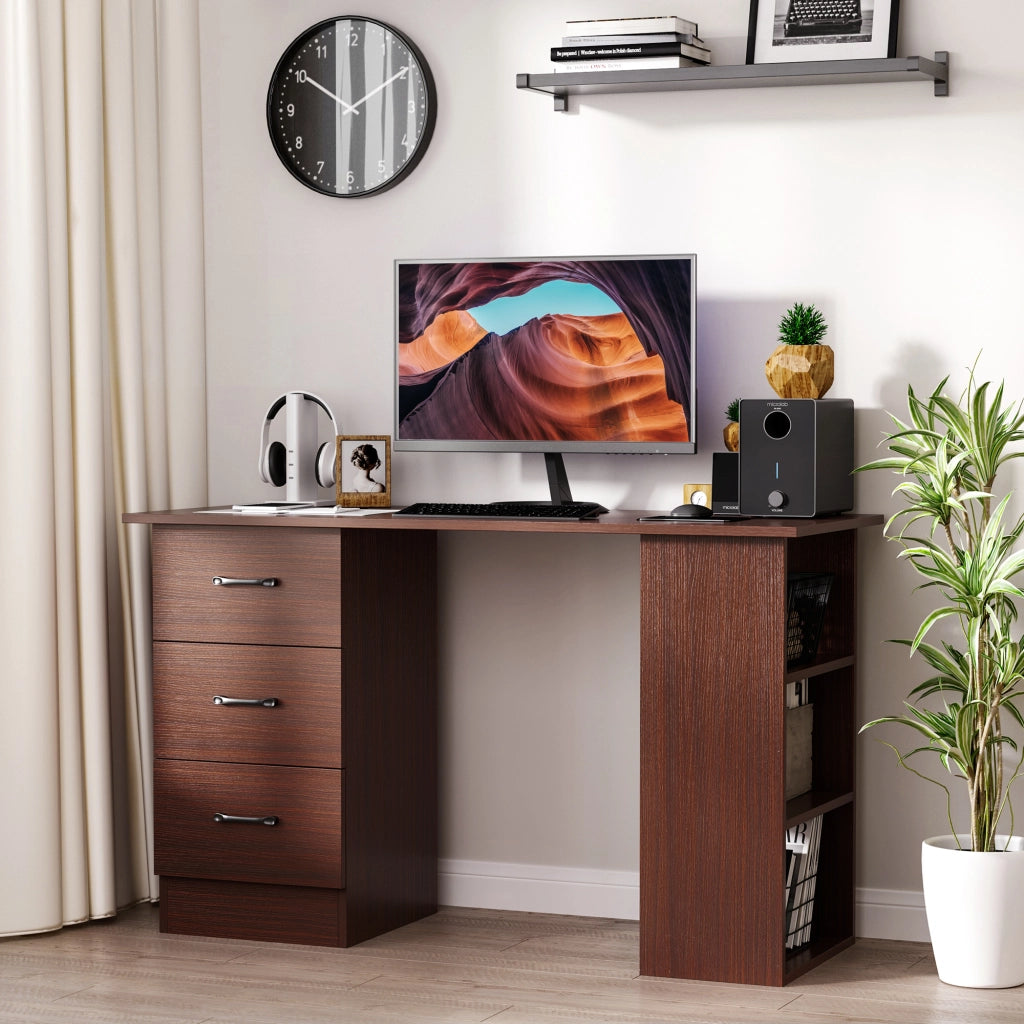 Scrivania computer con 3 cassetti e ripiani ¨C Minimal ¨C Nocce 120x49x72 cm