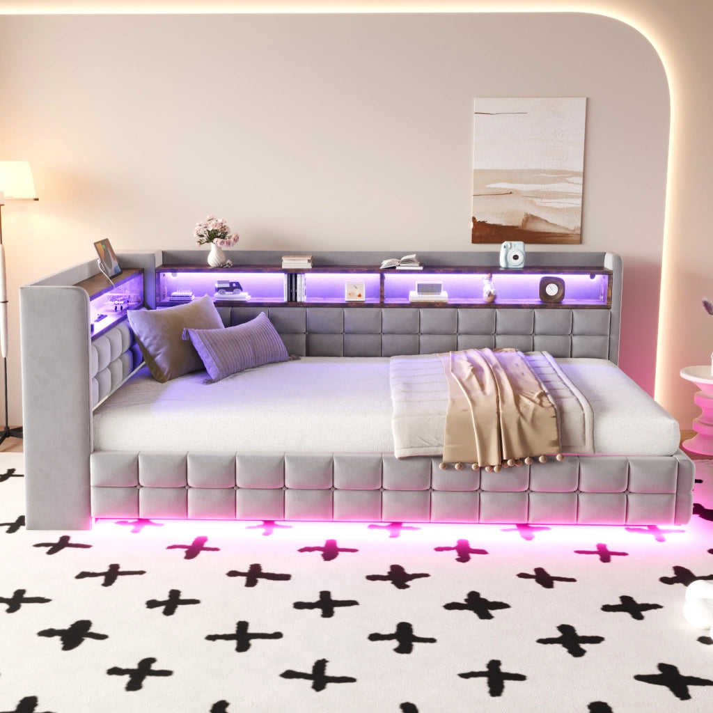 LETTO Contenitore 90x200 cm in velluto grigio chiaro con LED e prese USB/Type-C