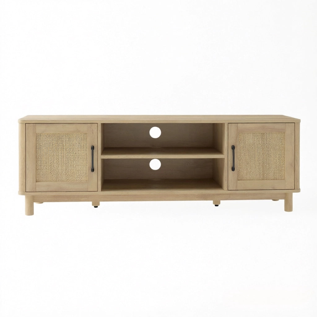 Mobile TV con vani aperti e armadietti; rattan e pannello truciolare color rovere per TV fino a 65 pollici 135 × 39 × 45 cm
