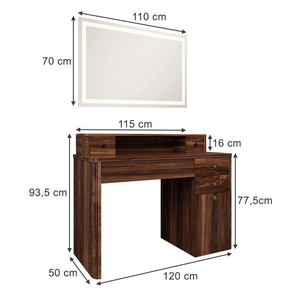 Vicco Tavolo da toeletta Rovere rustico 120 cm con specchio a LED