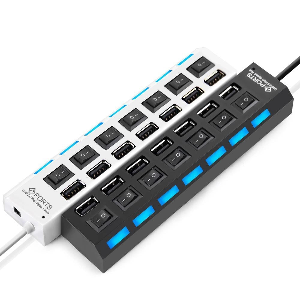 Trade Shop - Ciabatta Usb Multipresa Hub Con 7 Porte Usb 2.0 Nera O Bianca E Led Blu -