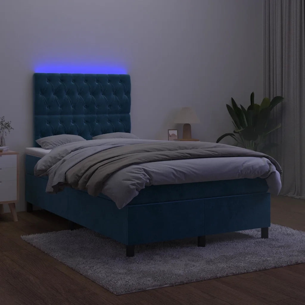 Letto a Molle Materasso e LED Blu Scuro 120x190 cm in Velluto