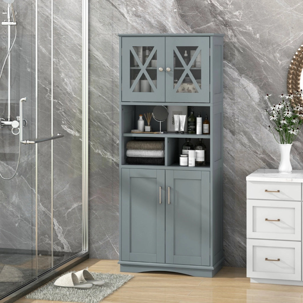 Armadio da bagno alto-Mobiletto da bagno con porte in acrilico e 3 cubi, Armadio da terra salvaspazio con ripiani regolabili Grigio