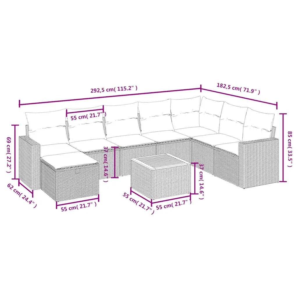Set Divano da Giardino 9 pz con Cuscini Beige in Polyrattan 3264873