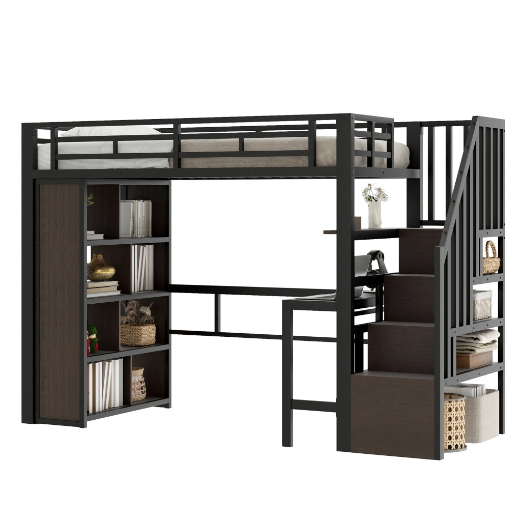 Letto a Soppalco con Scrivania e LED ¨C MINIMAL ¨C Metallo Nero 90x200