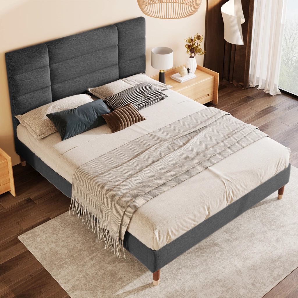 Letto 140x200 cm - Testiera Imbottita e Spazio Sottoletto - in Tessuto - Grigio