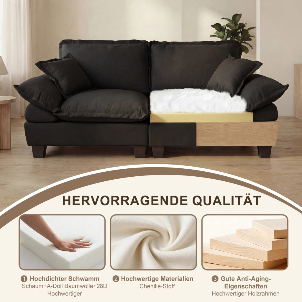 Divano Angolare Modulare 2 Pouf 2 Cuscini in Chenille Nero 194 × 151 × 90 cm