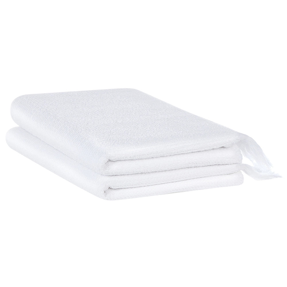 Set di 2 asciugamani bagno in spugna di cotone bianco con nappe decorative