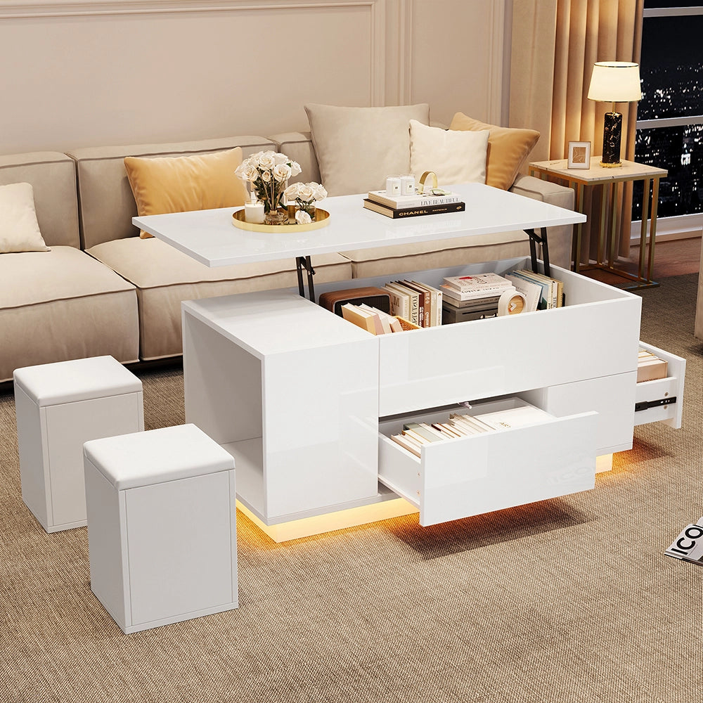 Tavolino 4 in 1 regolabile - Xylo - 100x50x45cm LED 2 cassetti bianco