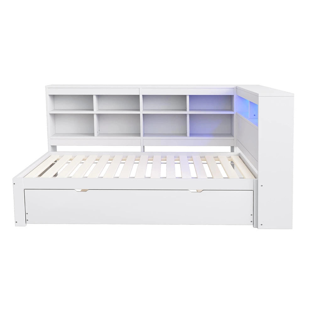 Divano in legno 90x200cm - Xylo - bianco, LED USB, scomparti, spazio