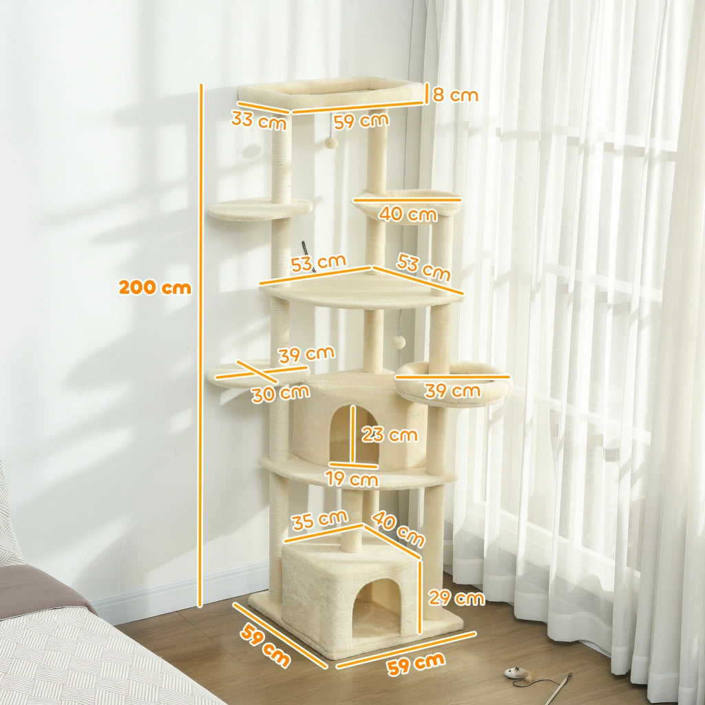 Tiragraffi per gatti multilivello 200cm ¨C Xylo ¨C con 2 casette, 2 lettini e amaca, beige