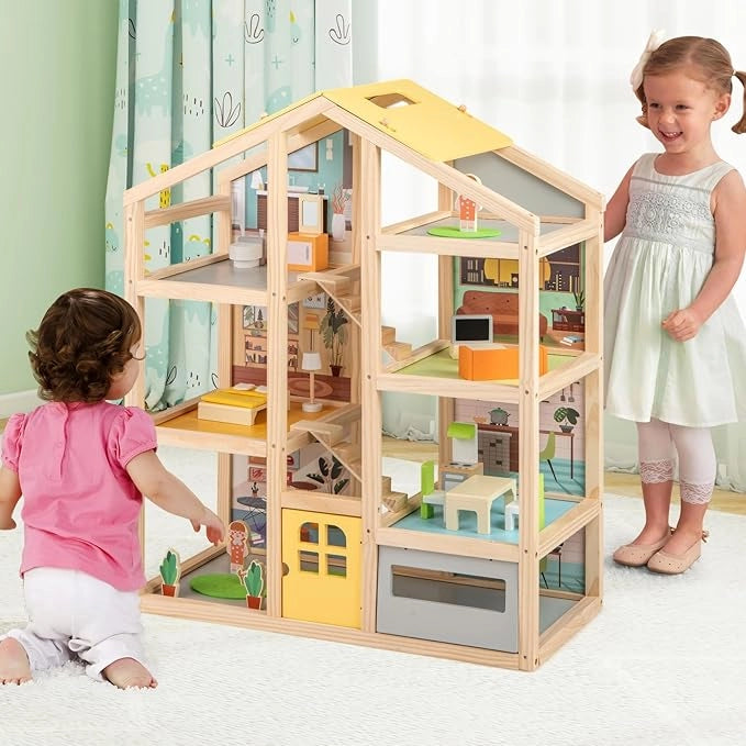 Casa delle Bambole in Legno, Casa Bambole con 4 Piani, 7 Stanze, Garage e Scale, Casetta Giocattolo Educativo con 18 Mobili Accessori e 3 Figure, per Bambini 3+ Anni, 60 x 30 x 75 cm
