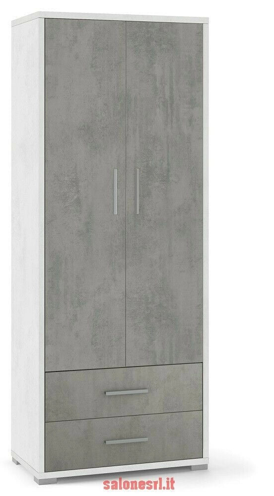 ARMADIO 2 ANTE 2 CASSETTI H182 L71 P41 cm STRUTTURA BIANCO FRONTALE CEMENTO SARMOG Db359k