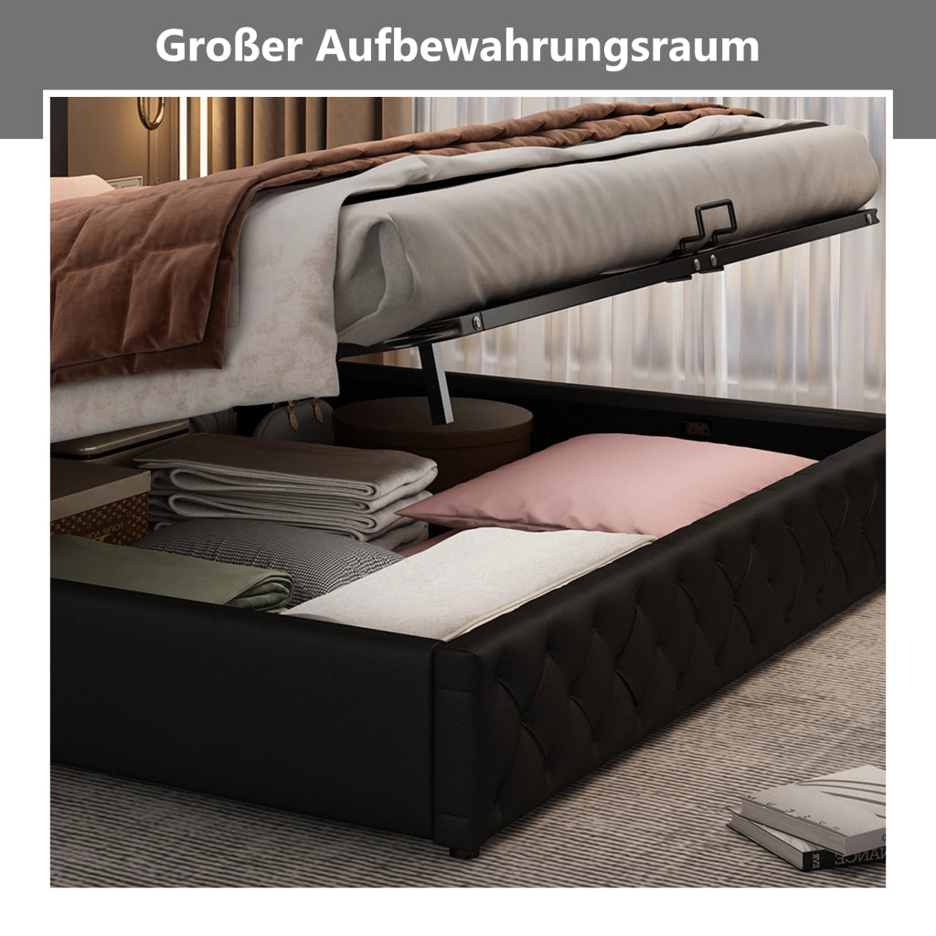 LETTO Imbottito 160x200 cm Nero in PU con LED e rete a doghe