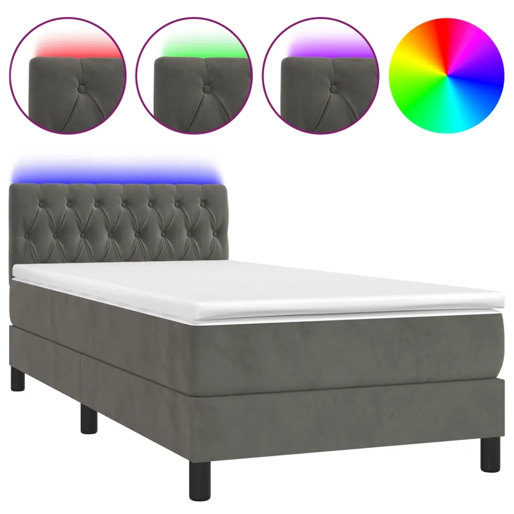 Letto a Molle con Materasso e LED Grigio Scuro 90x190cm Velluto 3134556