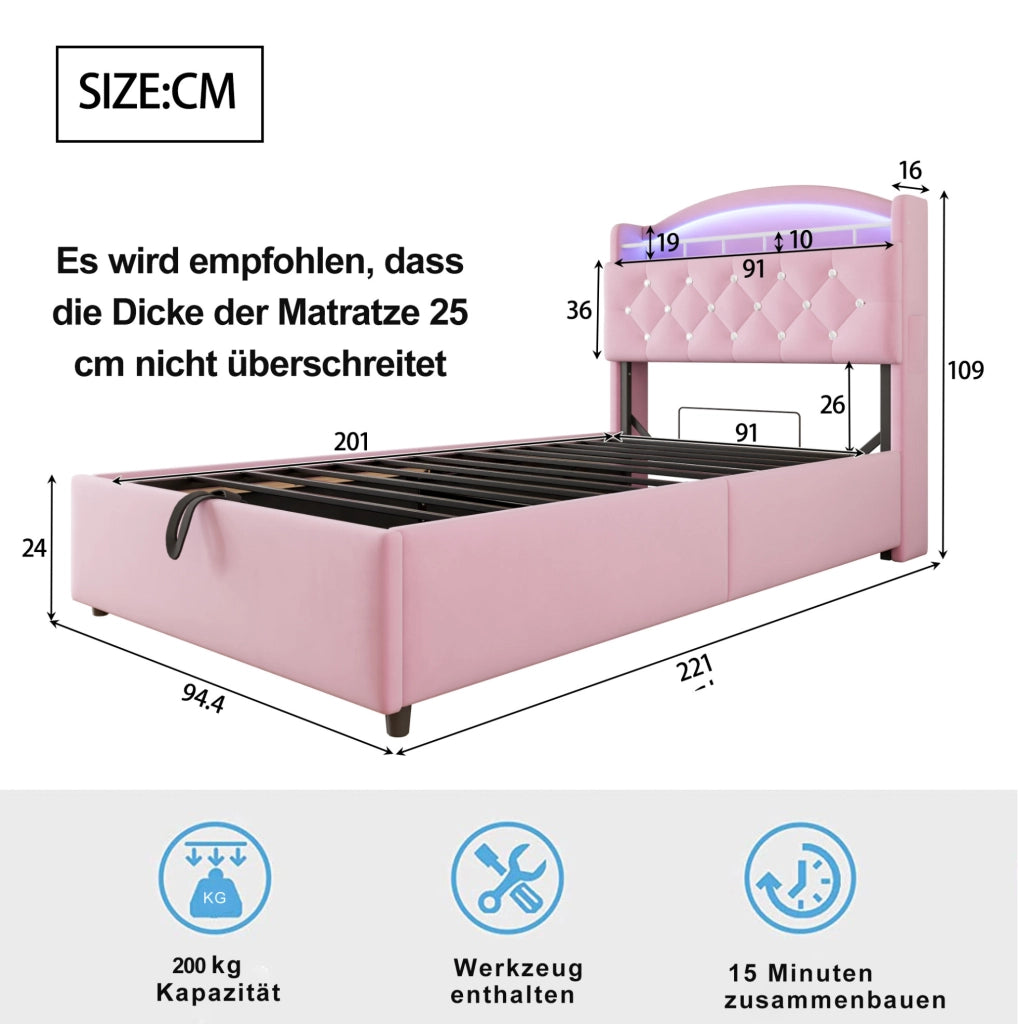 Letto imbottito 90x200 con contenitore, LED e USB, rosa
