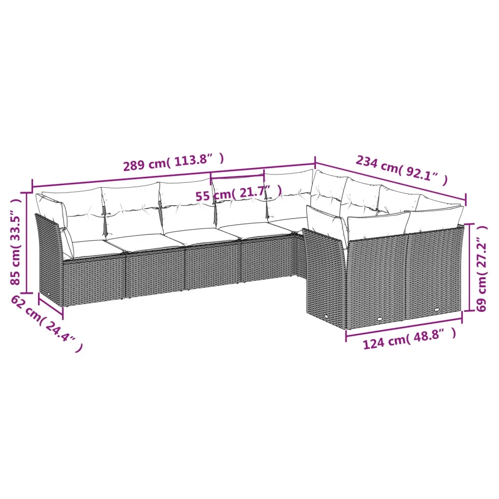 Set Divano da Giardino 9pz con Cuscini Grigio Chiaro Polyrattan 3250011