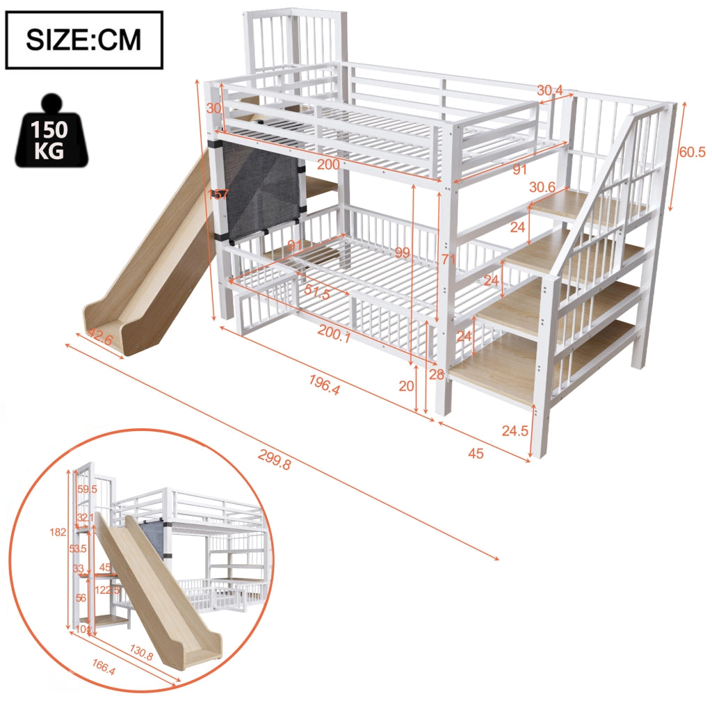Letto a soppalco in metallo 90*200CM bianco; scivolo; riporzione; scaffali; letto per bambini sicuro e che fa risparmiare spazio