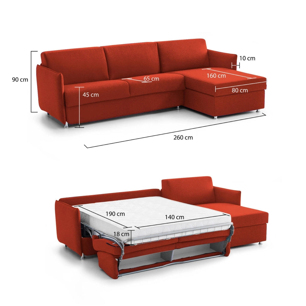Sumirago, Divano Letto con Penisola Sfoderabile Made in Italy, 260x160 cm Arancione