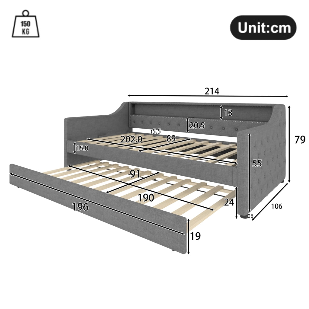 LETTO Divano 90x200 cm in lino grigio con letto estraibile, LED e USB