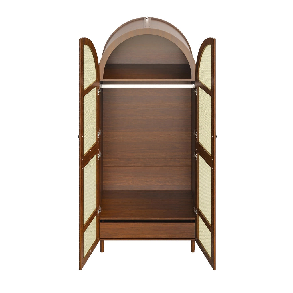 Armadio moderno con porte curve, barra appendiabiti e cassetti, colore noce