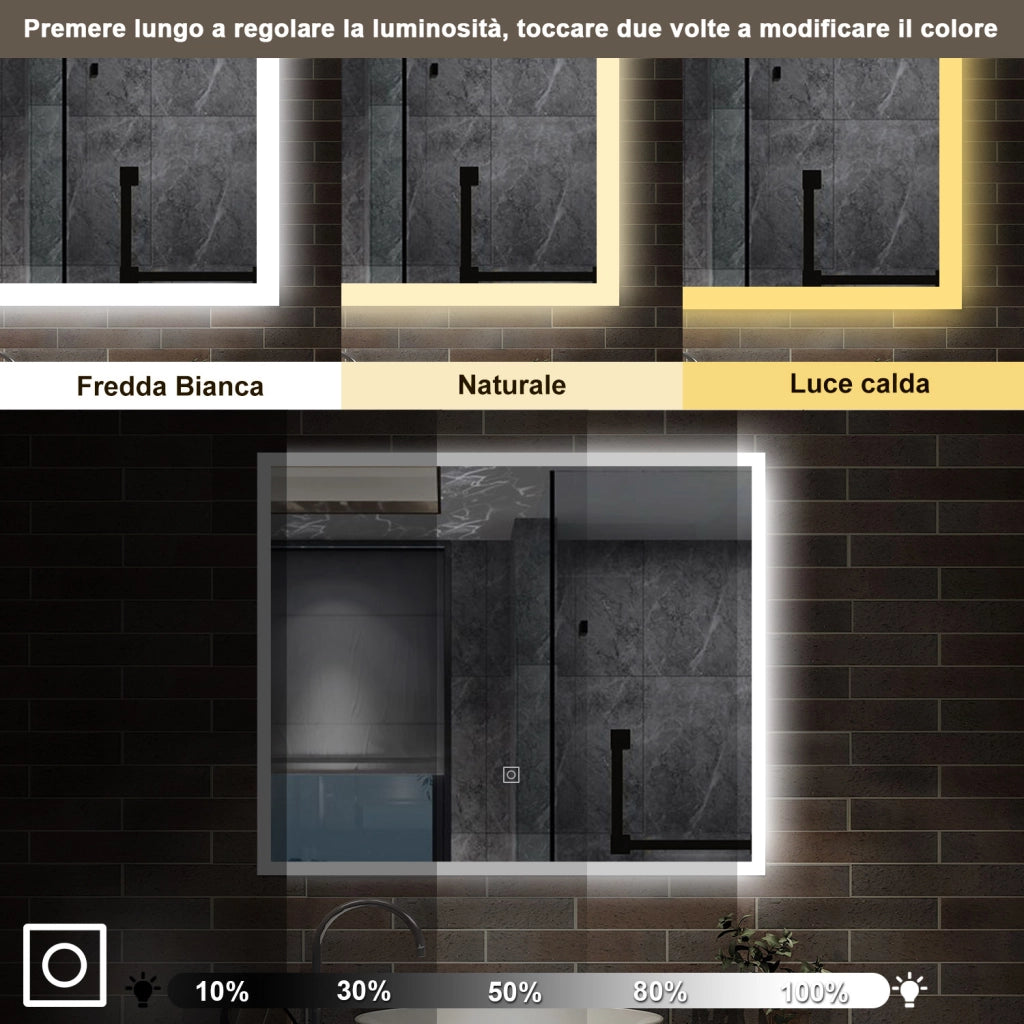 specchio rettangolare 60x50 cm con luce led, antiappannamento e touch