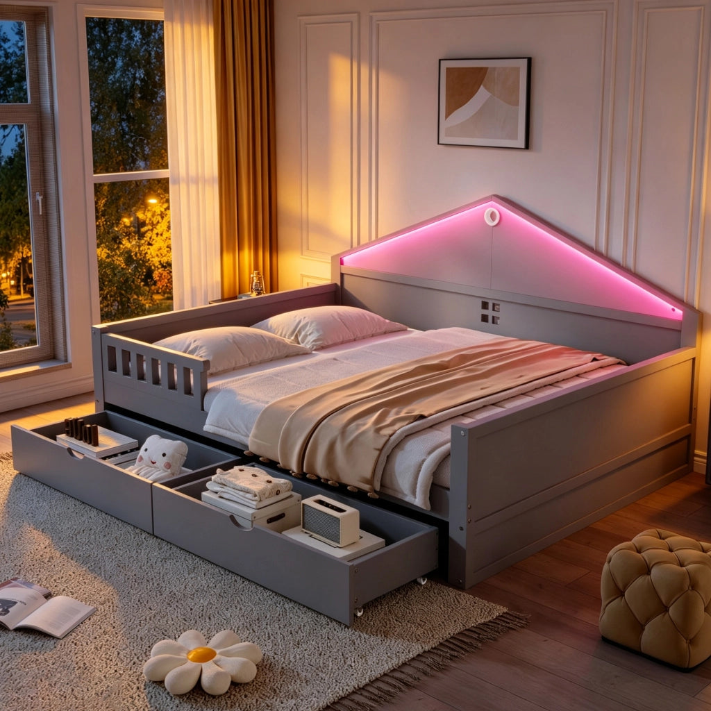 LETTO 140x200 cm con LED e 2 cassetti, grigio, legno di pino e MDF