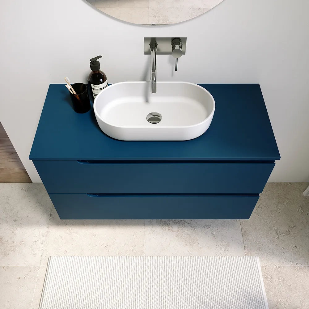 Mobile bagno sospeso 70 cm due cassetti blu zaffiro opaco con top | Ardenne