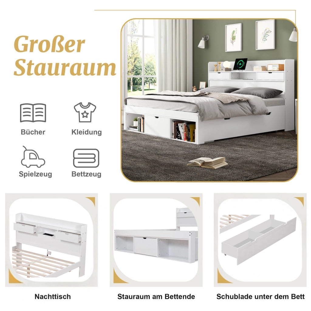 LETTO 140x190 cm bianco con USB e cassetti