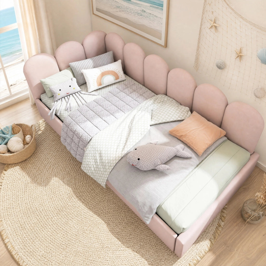 Letto singolo daybed 90x190 cm con 2 cassetti; struttura a L in velluto rosa