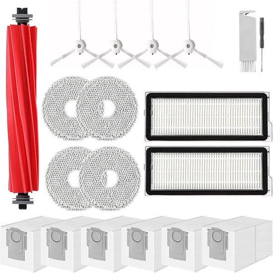 19 Set di Accessori per Robot Aspirapolvere - 1 pennello principale, 4 lame, 2 filtri lavabili, 4 pennelli laterali neri, 6 sacchi aspirapolvere e 2 accessori di pulizia