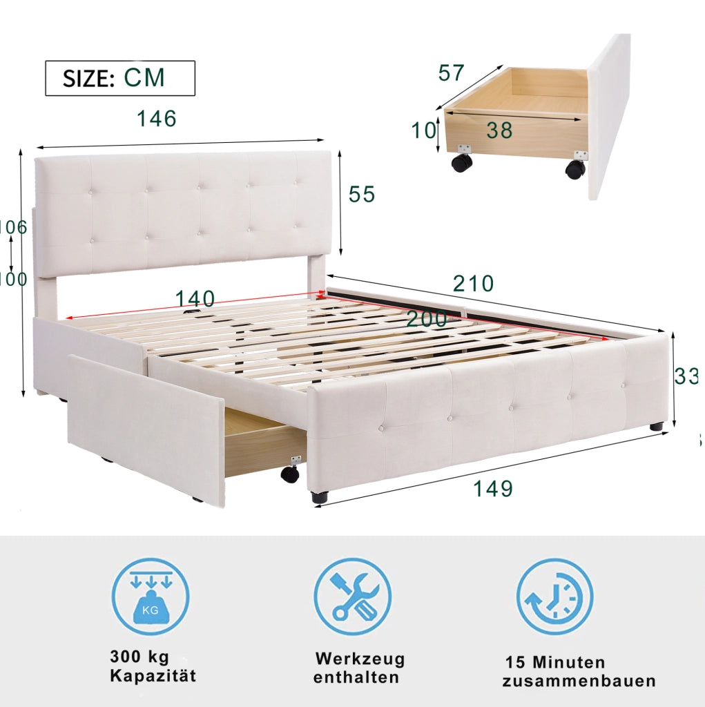 Letto imbottito con 4 cassetti e struttura robusta