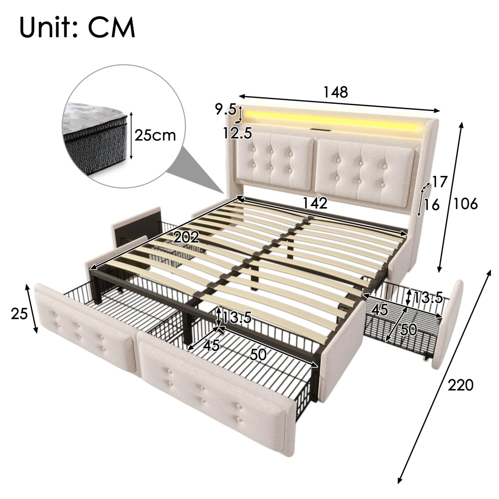 LETTO imbottito 140x200 cm in cotone-lino beige con LED, USB e 4 cassetti
