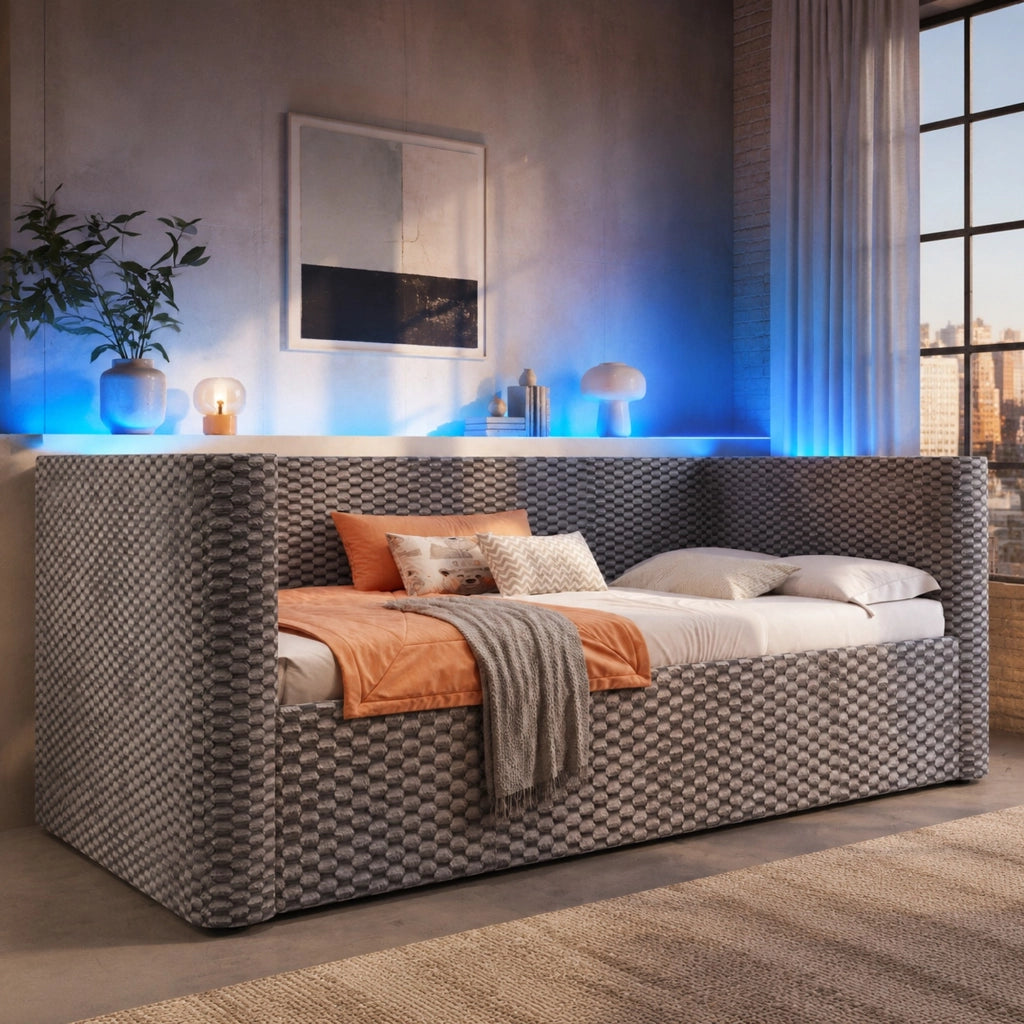 Divano letto 90x200 cm in velluto con contenitore idraulico e LED