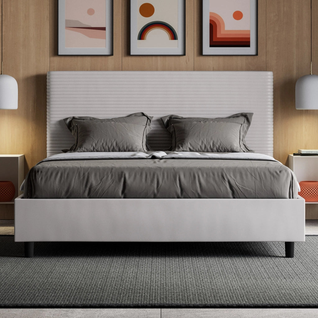BS COM Letto matrimoniale francese con rete imbottito 140x210 similpelle bianco