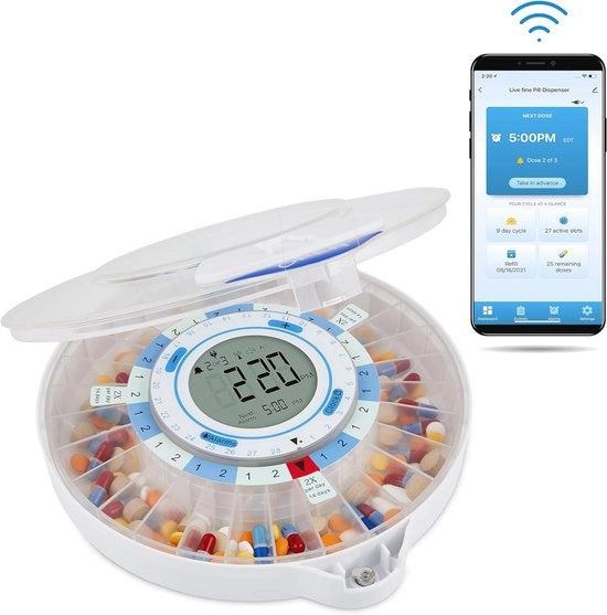 Dispensatore automatico di farmaci con Wi-Fi | Organizzatore di farmaci a 28 giorni per la sorveglianza della cura con allarme luminoso e sonoro