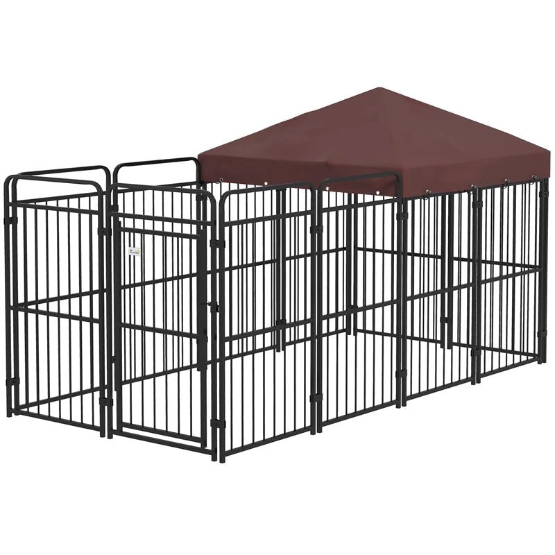 RECINTO PER CANI DA ESTERNO IN METALLO CON TETTO, 282X141X159CM, MARRONE