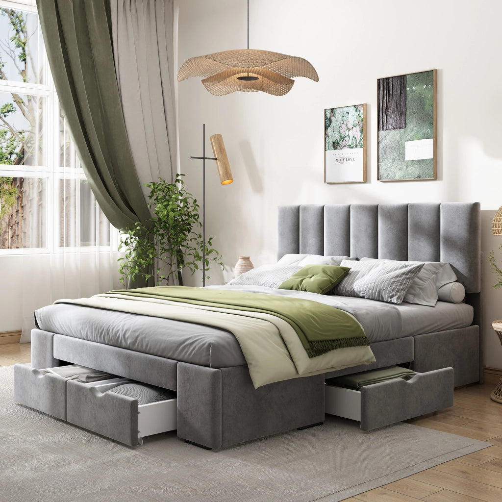 LETTO Imbottito 140x200 cm in velluto grigio con 4 cassetti