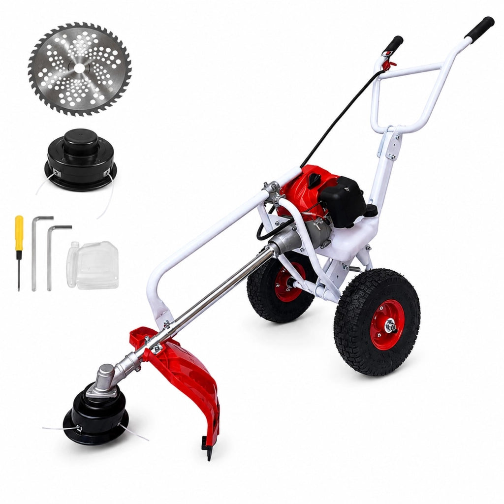 Decespugliatore a Scoppio 63cc Carrellato con Ruote 2HP 2 Tempi Tagliaerba a Spinta con Disco e Testina per Erba e Giardino