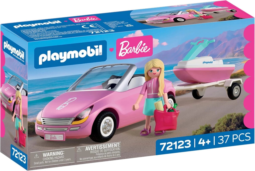 PLAYMOBIL Barbie Cabrio | Decappottabile con rimorchio e moto d`acqua | Avventure estive con Barbie sulla costa di Malib