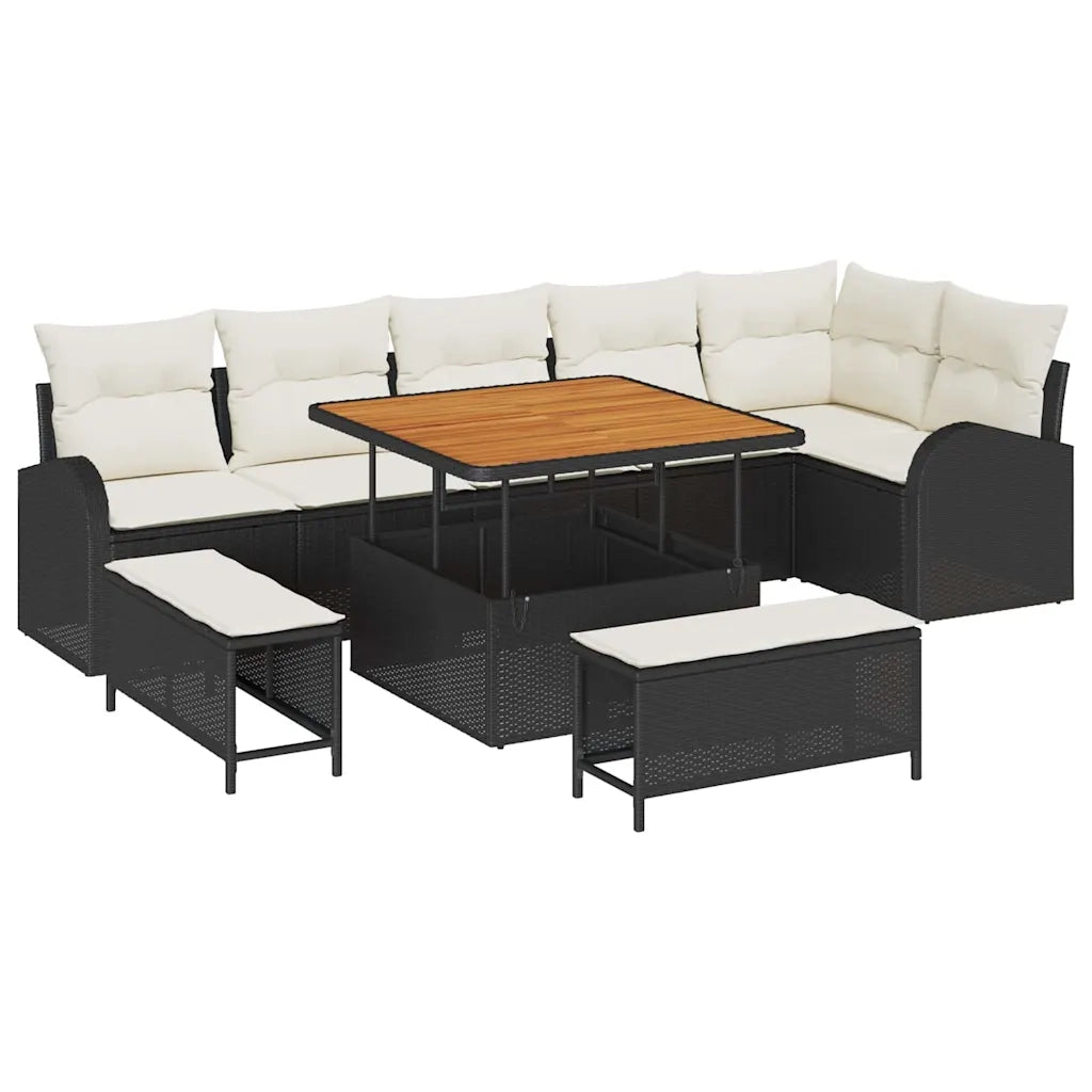 Set Divano da Giardino con cuscino 9 pcs Nero polyrattan