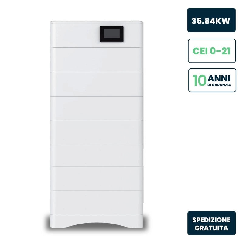 Kit 7 Moduli di Accumulo Impilabili Alta Tensione 35kWh LiFePO4 BMS Integrato, Inclusa Base e Box di Controllo, 100Ah, 358.4V, IP65, CEI 0-21 Garanzia 10 Anni SKU-120027