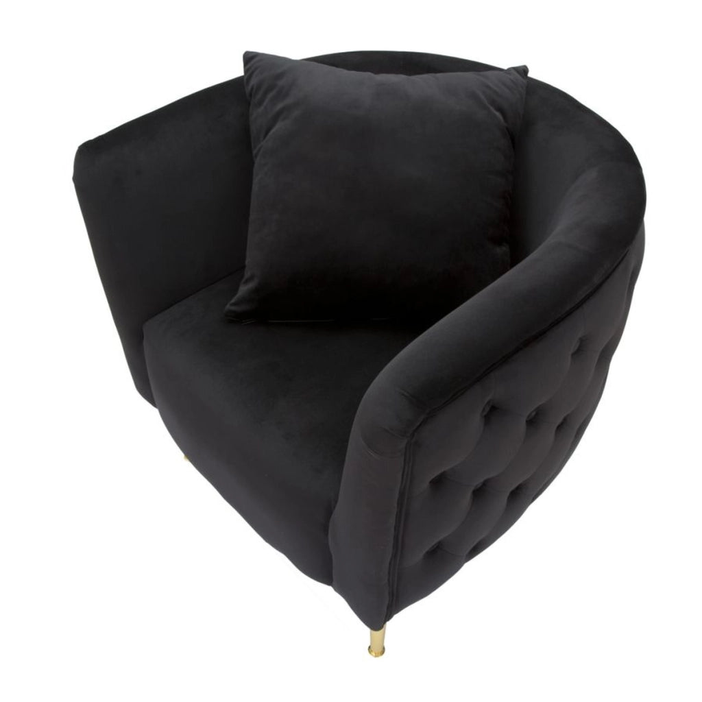 Poltrona Bucarest in velluto nero con braccioli capitonne e gambe oro 76x74x71 cm