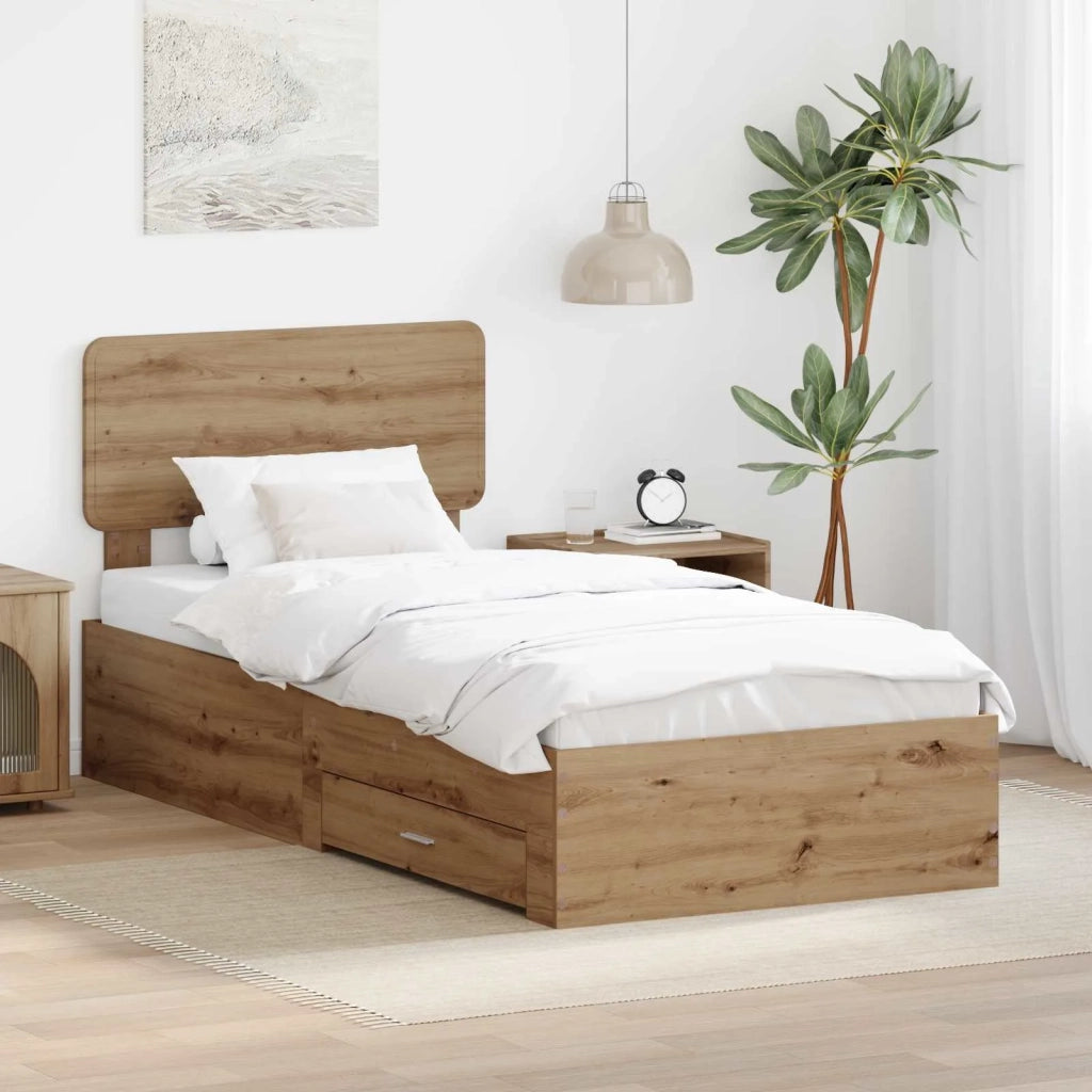 Letto singolo | Letto per adulti | Struttura del letto con testiera Rovere artigianale 90 x 190 cm