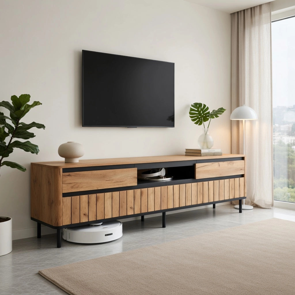 Cassettiera TV nero e naturale in MDF lunghezza 180 cm