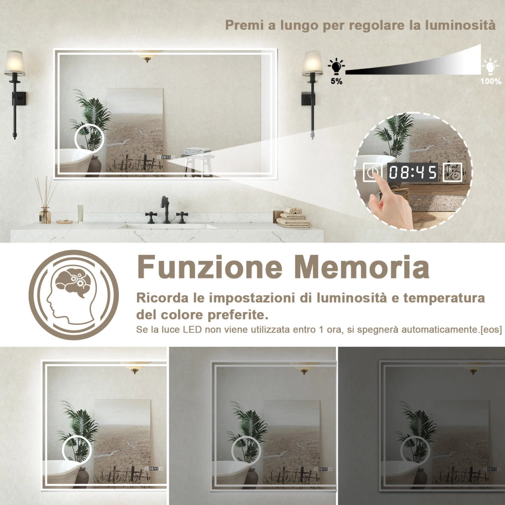 Specchio bagno Rettangolare 100x60cm Led Con 3 Luci + 3X Lente d'ingrandimento + Orologio + Antiappannamento