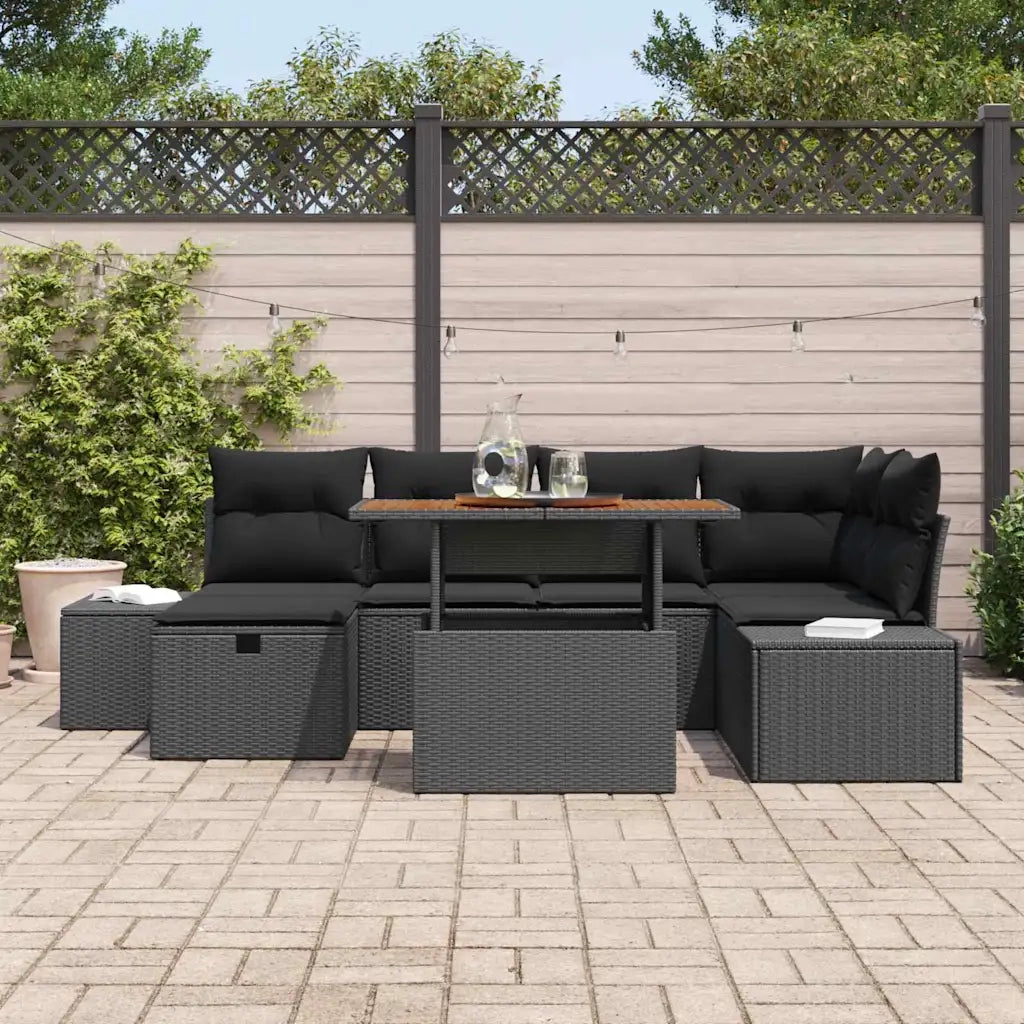 Set Divano da Giardino con cuscino 7 pcs Nero polyrattan