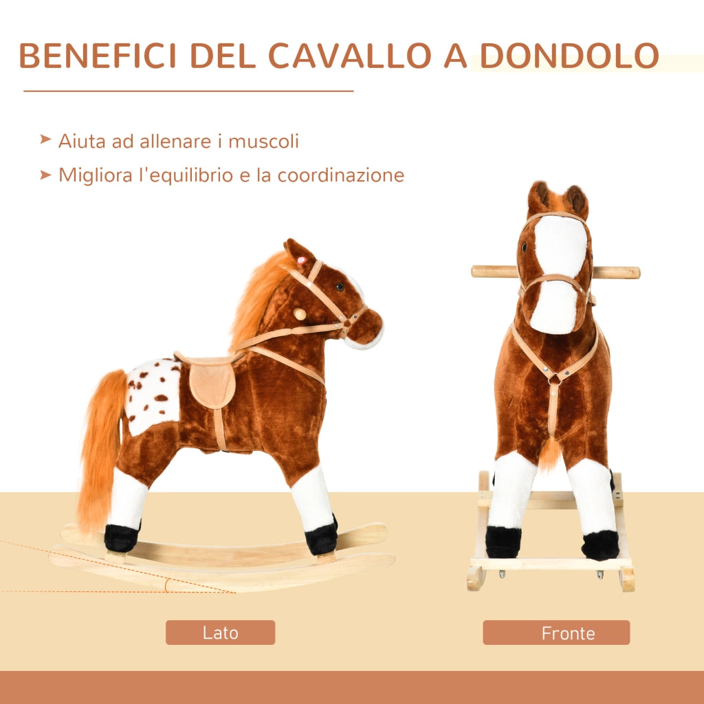 EasyComfort Cavallo a Dondolo in Legno con Suono Animale Regalo Giocattolo per i Bambini, 74 x 28 x 65 cm, Marrone