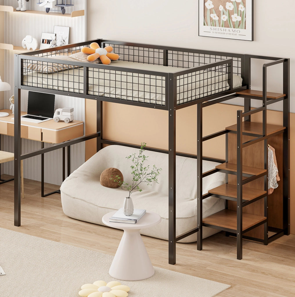 Letto a soppalco 140x200 cm con scala e armadio